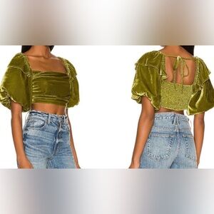 TULAROSA Olive Green Velvet Puff sleeve crop top Mirella Top SIZE Small